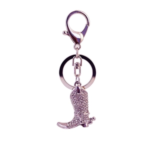 Elegant silver metal cowboy boot keychain with sparkling rhinestones and lobster clasp