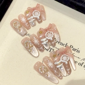 Noël Flocon De Neige Press On Ongles 3D Noeud Oeil De Chat Strass Künstliche Perle Long Cercueil Amande Hiver Festif Artisanal