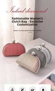 Detail of shell-shaped pearl evening clutches in red, champagne, grey and silver