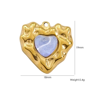 Golden 18mm lava-texture heart pendant with light blue gemstone and dimensions