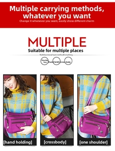Detailed views of the purple nylon multi-pocket bag showing crossbody and shoulder styles