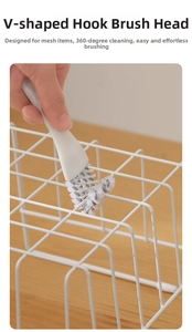 Detail of V-shaped kitchen brush cleaning a metal wire rack with a 360-degree hook design