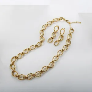Detail of gold twisted rope chain jewelry set featuring matching earrings and necklace