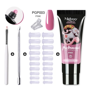 Pink Poly Nail Gel Kit with 15ml gel, brush, steel pusher, clip and 20 nail molds