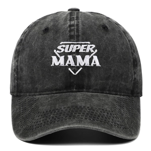 Berretto da baseball in denim nero lavato con ricamo bianco SUPER MAMA frontale