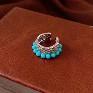 Vintage Copper Ear Cuff With Zircon And Blue Beads Hollow Round C-Shaped Non-Piercing Earrings For Women Bohemian Style