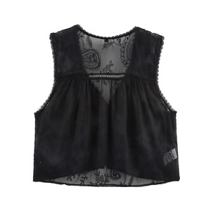 Schwarze Damenweste mit Paisley-Stickerei und transparentem Netzgewebe für Damen