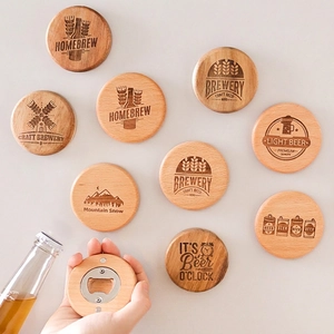 Round Wood Bottle Opener Magnetic Refrigerator Magnet Beech Stainless Steel Laser Engraved Vintage Beer Pattern Accessory