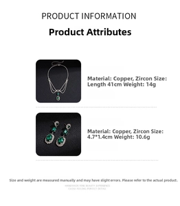 Detailed specs of emerald zircon jewelry set with necklace length and earring weight