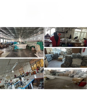 Detailed view of lace embroidery tablecloth workshop production line and warehouse storage overview.