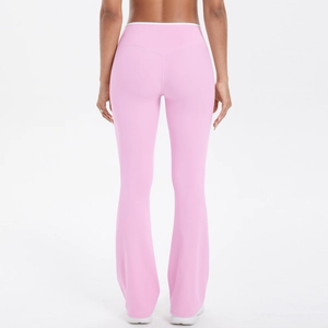 Back view of high waist flared yoga pants in pink with tummy control stretch fabric