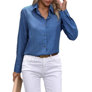 Women's casual blue single-breasted long sleeve shirt with classic lapel collar