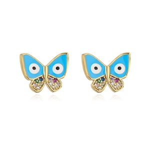 Close-up of 18K gold plated butterfly studs with blue enamel and colorful zircon