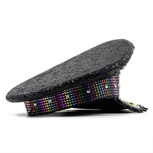 Sparkly black sequin military hat with colorful rhinestones for music festivals and parties