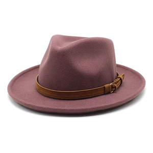 Dusty rose wool fedora hat with teardrop crown and brown suede band with metal buckle