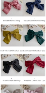 Detail view of large JK style chiffon bow hair clips in eight vintage colors with metal spring clips