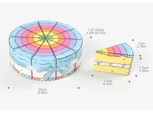 Detail view of rainbow stripe triangle cake gift box with dimensions and blue ribbon