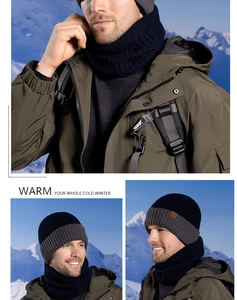Winter knit hat and neck warmer set with thermal fleece lining in navy blue and grey