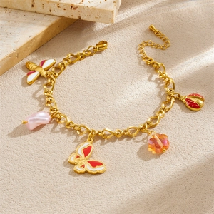 Gold-plated insect charm bracelet with enamel butterfly, bee and ladybug pendants