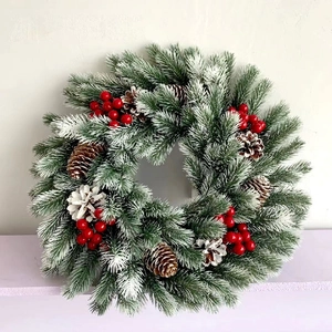Christmas Wreath Artificial PE Pine Needle Red Berry Pine Cone Snowy Flocked LED Front Door Decor Nordic Winter Style