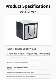 Detailed chart of square gift bags with transparent windows in various sizes and colors