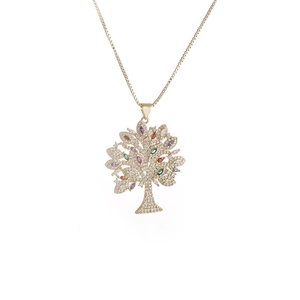 Golden Tree of Life necklace with colorful zircon stones on white background