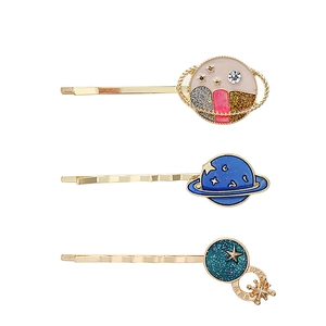 Starry sky themed gold metal hair clips with planetary patterns and sparkling rhinestones