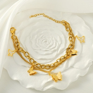 Golden double-layer butterfly bracelet in stainless steel with 18k plating