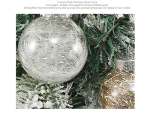 Close-up of a clear Christmas ball filled with white fibers on a snowy tree branch