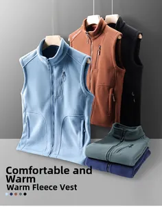 Detail of outdoor fleece vests showing multi-pocket design and various colors available