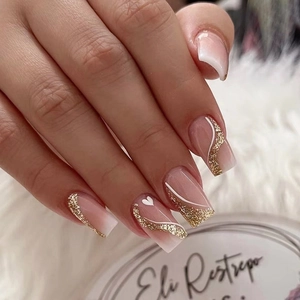 Press On Nails Pink White Gradient Gold Glitter Heart Pattern Glossy Elegant ABS Artificial Fingernails For Women