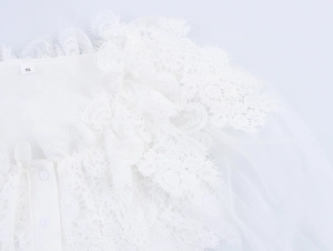 Detail of white lace collar and button accents on rib-knit slim bodysuit