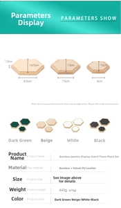 Size chart showing large medium and small hexagonal bamboo jewelry trays with dimensions
