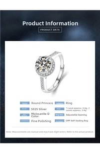 Detailed chart for 925 silver moissanite ring with specific size and material data