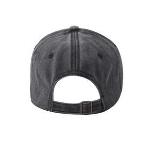 Detailed back view of a charcoal washed cotton baseball cap with adjustable bronze buckle