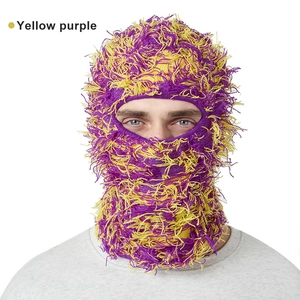 Plush knitted yellow and purple bicolor balaclava face mask for winter warmth