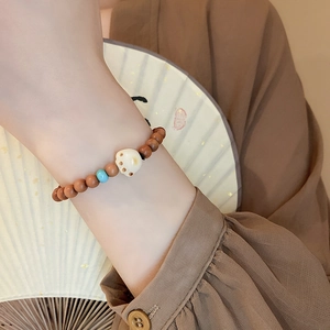 Retro sandalwood beads bracelet with white acrylic cat paw charm for women