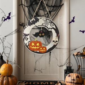 Halloween wooden door sign featuring a black bat, pumpkins, and a skull on a rustic door