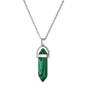 Polished silver chain necklace with a hexagonal green malachite stone pendant