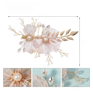 Detail view of pearl and rhinestone floral bridal hair clip with precise size measurements
