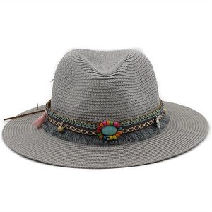 Gray Bohemian fedora straw hat featuring ethnic embroidery and turquoise bead tassel