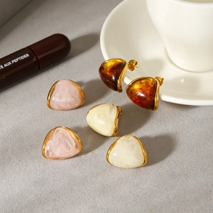 Triangle Stud Earrings 18K Gold Plated Stainless Steel Cambered Resin Amber Marble Texture Vintage Jewelry For Women