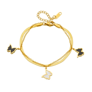 Double-layer stainless steel butterfly bracelet in gold with black and white pendants