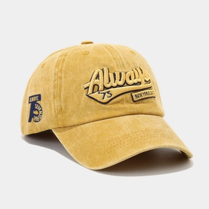 Macro shot of vintage washed cotton baseball cap with 3D Always 75 embroidery