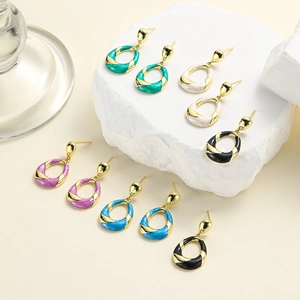Vintage Elegant Oval Twisted Copper Drop Earrings With 18K Gold Plated Enamel Geometric Jewelry For Women