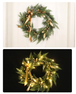 Detailed comparison of lit and unlit handmade Christmas wreath with gold berries and LED lights