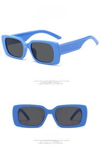Detail view of rectangular blue sunglasses with grey lenses from front and side angles