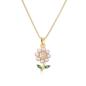 Elegant 14K gold plated flower necklace with white pearls and green zircon leaf pendant