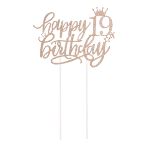 Nahaufnahme von roségoldenem Glitzer Happy 19th Birthday Tortenaufsatz mit Krone und Stern
