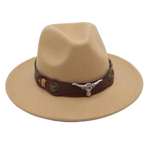 Close-up of western felt hat with leather band and silver bull head metal buckle